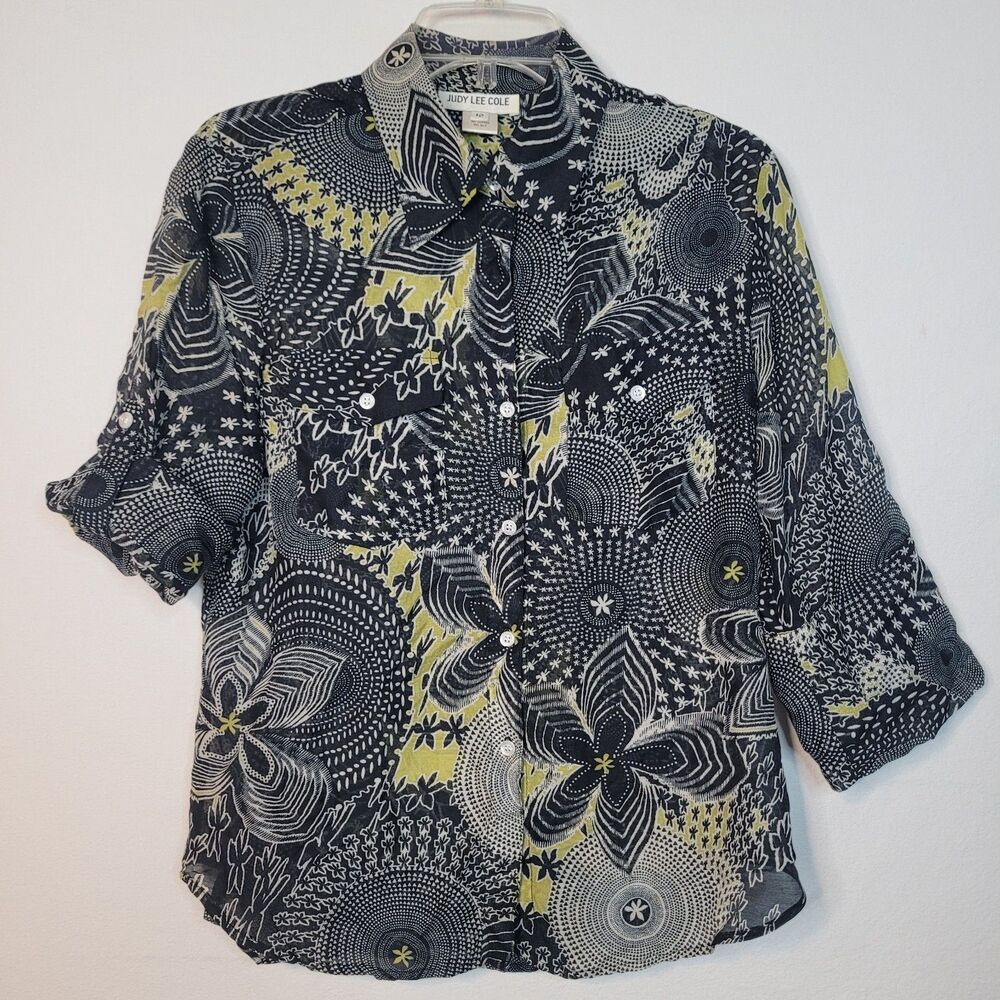 Judy Lee Cole Womens 12 Sheer Artsy Dark Floral Geometric Silk Blend Button Top